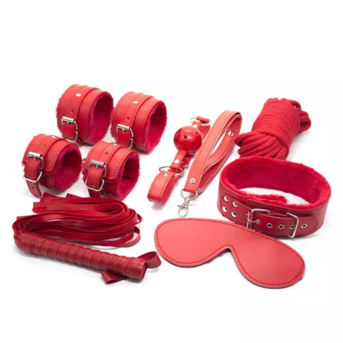 8pcs Red Kit BDSM Couples Restraints Set HandCuff Anklet Whip Collar Gag Fetish - Picture 3 of 11