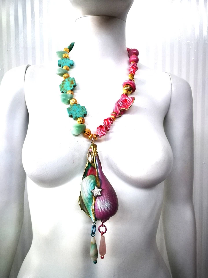 Collar Puka Shell Piedra Turquesa Joyería de Lujo Nautilus Colgante Concha Marina Babero Foto 2 de 4