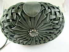 VINTAGE ROUCHED HARD SHELL BLACK SATIN AND RHINESTONE EVENING PURSE