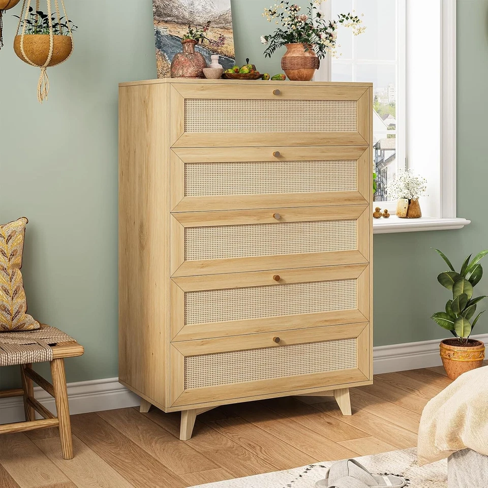 Cómoda de ratán para dormitorio con 5 cajones, tocador de dormitorio alto de madera doble Foto 4 de 4