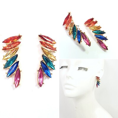E0536 Cute Multi Color Rhinestones Deco Multi Oval Shape Drop Stud Earrings