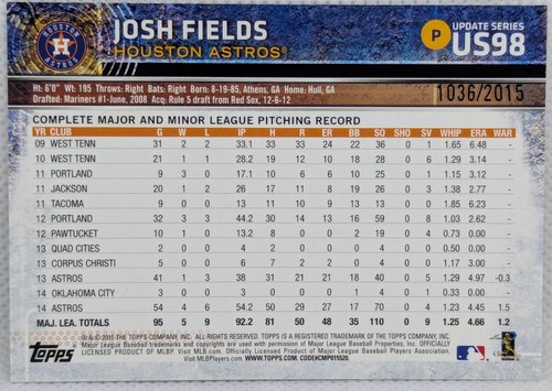 JOSH FIELDS 2015 Topps Update GOLD 1036/2015 #US98 Houston ASTROS - Picture 4 of 4