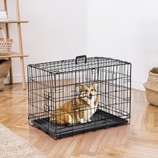 30'' Durable Dog Crate Kennel Folding Metal Pet Cage 2 Door with Tray Pan Black