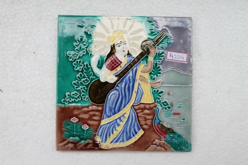 ANTIQUE OLD CERAMIC TILE HINDU GODDESS SARASWATI PORCELAIN MADE IN JAPAN NH4224 - Picture 8 of 9