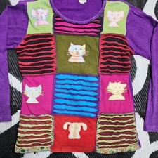 Greater Good Network Women L/XL T-Shirt Multicolor Cat Patchwork Long Sleeve