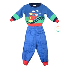 Vtg Kid Warmers Sweater Outfit Set 18M Blue Red Bear Train Retro 80s 90s NEW