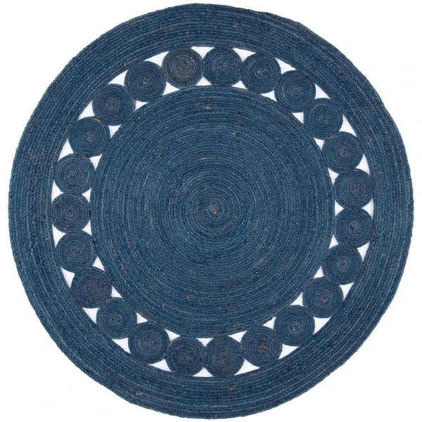 Blue Jute Braided Round Rug Handwoven Natural Area Carpet Boho Coastal Decor Mat - Image 4 of 4