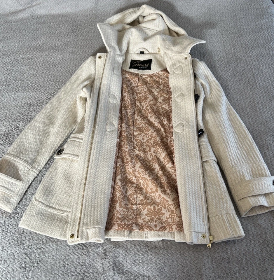 Guess Cream Knit Hooded Fall Coat Brown Toggle Cozy Vintage Style Size M - Image 3 of 4