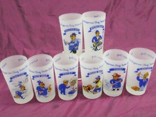 8 vintage Federal Frosted Glass Tumblers: Gay Fad Fortune Telling Barware 5"