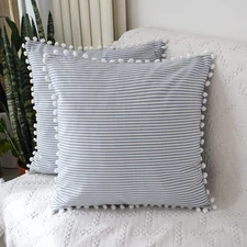 Decorative Blue Stripe Pillow Covers 20x20 Farmhouse Pom Pom Pillows Covers f...