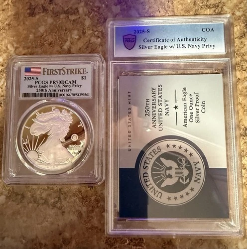 2025-S Proof $1 American Silver Eagle Navy Privy PCGS PR70DCAM FS Flag Label🔥