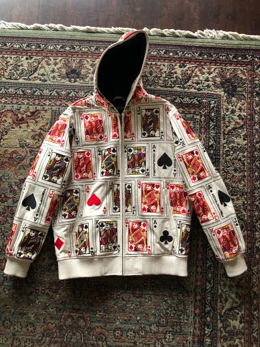 Supreme Leather Hooded Court Card Cards Jacket Embroidered Size