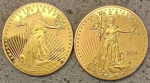 2 Coins 2017 & 2024 WALKING LIBERTY /  EAGLE  Gold Plated US COPY Coins - 44mm