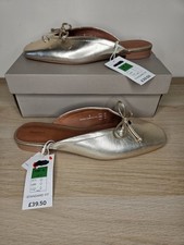 M&S Leather Bow Flat Mules Shoes in Gold Metallic Slip On Square Toe UK Size 4