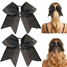 2Pcs Black Iridescent Rhinestone Cheer Bow Ponytail Holder Elastic Hair Band ...