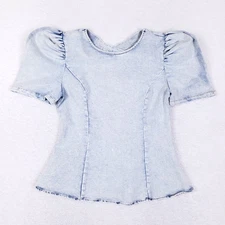 Shadrie’lle Denim Top Puff Sleeve Peplum Crisscross Rhinestone Back Small Y2K