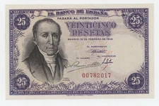 Spain España 25 Pesetas 19-2-1946 Pick 130.a No Letter UNC Uncirculated Banknote