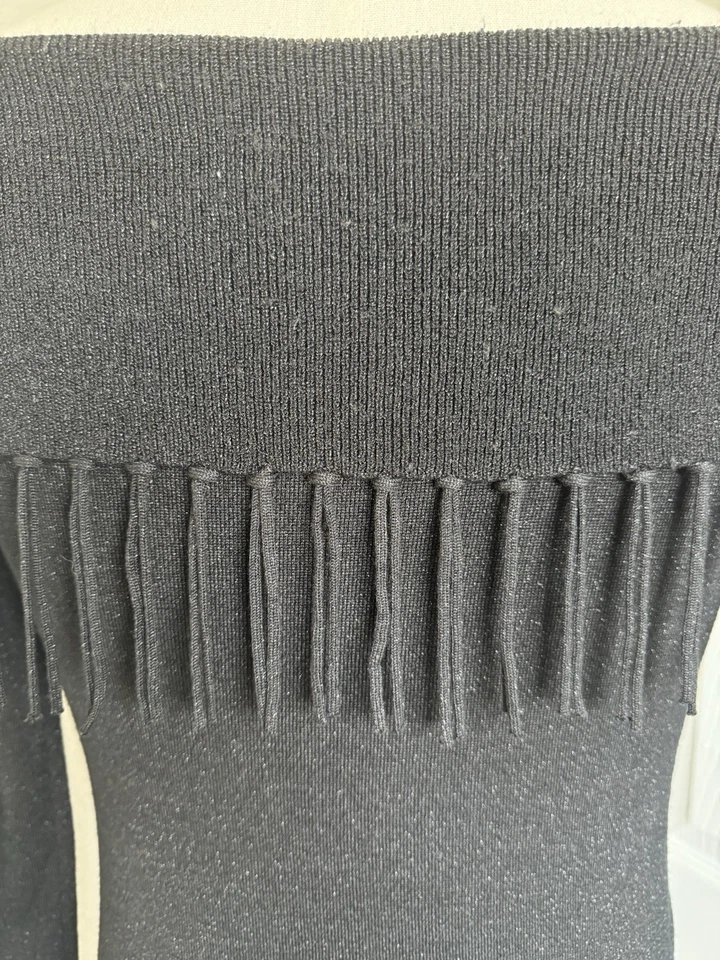 White House Black Market Womens XS Black Sleeve Sweater Top Cowl Neck Fringe Y2K - Image 4 of 4