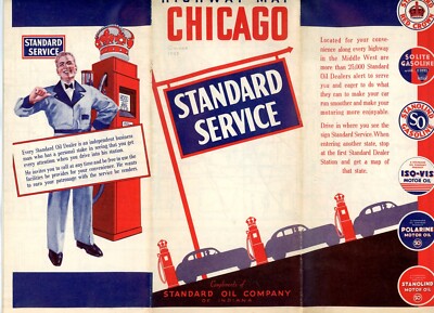 Oil Chicago Map Standard 1933 IL Co Highway Service Art Deco Travel Gas Street
