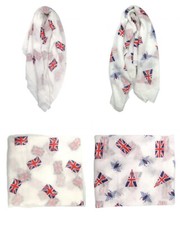 Ladies Union Jack & Bee Print Scarf Women White Summer Neck Head Scarves 6610