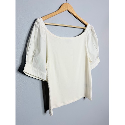 Vintage rib top with cotton poplin puff sleeves XL Ivory - Picture 3 of 6