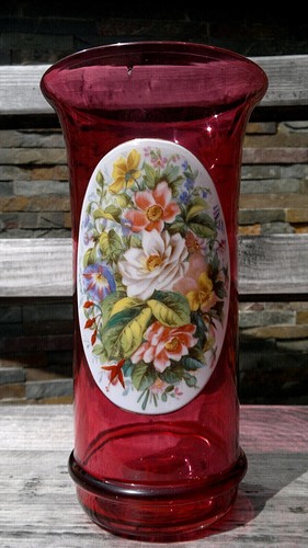 Antique c1830s Bohemian Moser Cranberry Enamelled Art Glass Vase 9.25"tall - Picture 4 of 12