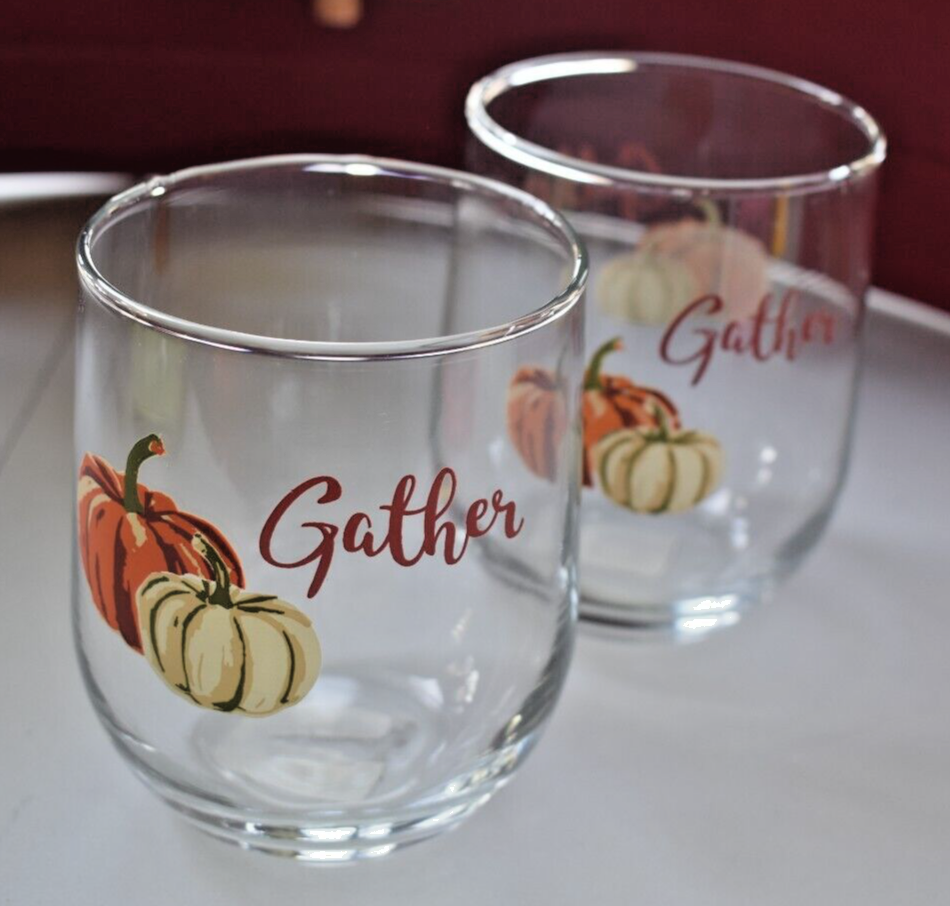 4 ~ THANKSGIVING Stemless Wine Glasses (2) GATHER (2) GRATEFUL Pumpkins  Autumn