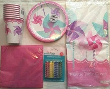 TURNING 1 GIRL Pinwheel 1st Birthday Party Supply kit for 8 w/Candles
