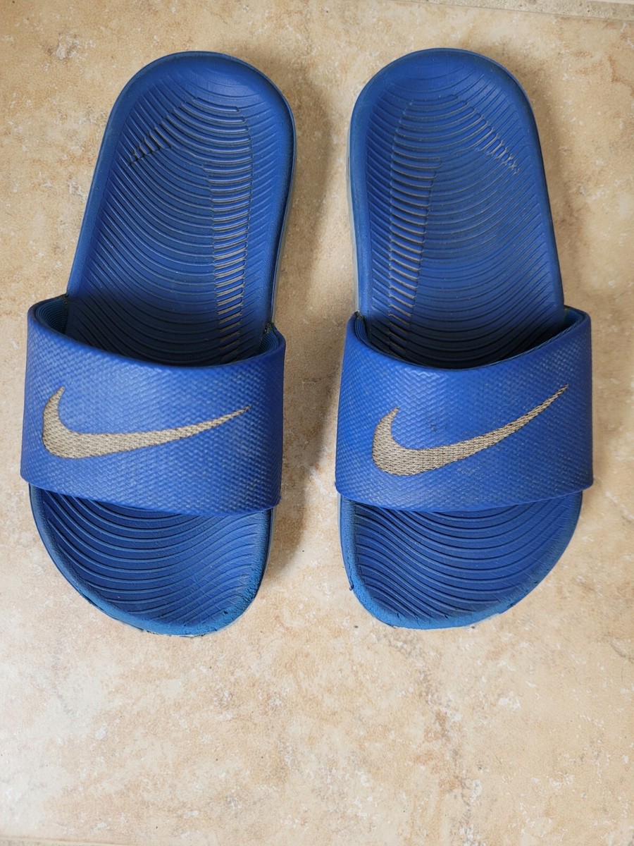 Nike Kawa Kids Slide Sandals Kids Size 12Y Blue with Silver Swoosh Logo