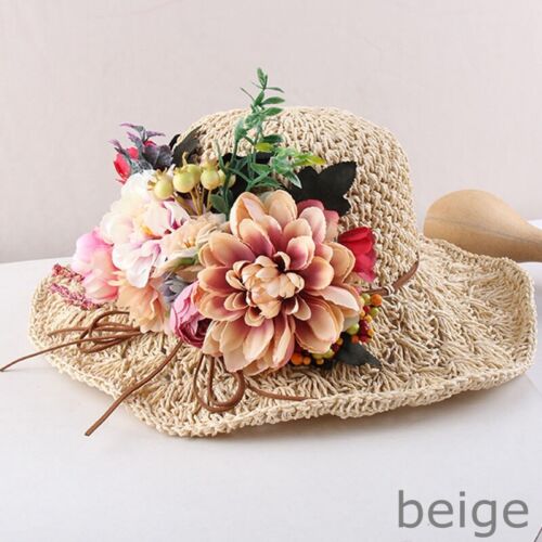 Women Girl Summer Sunhat Cap Wide Brim Hats Flower Straw Weave Beach Outdoor - Picture 9 of 17