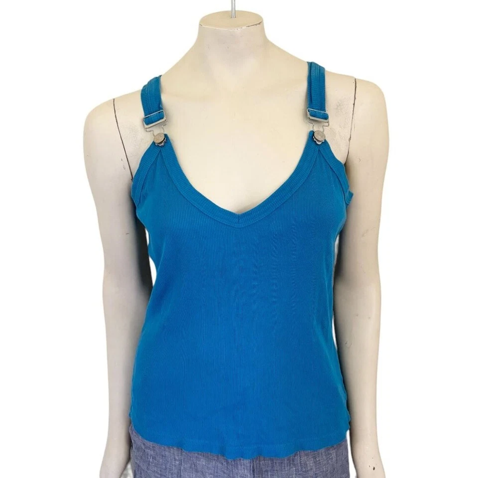 Camiseta sin mangas vintage EVIE Overall Rib en azul azul azul estilo RARO años 90 Y2K MUJER GRANDE Foto 2 de 4