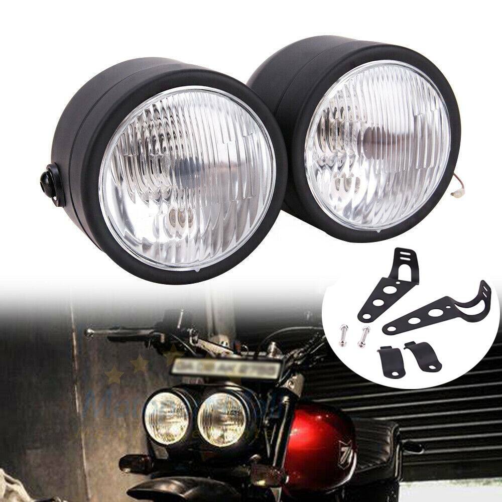 ま様2 Twin Front Dual Motorcycle Headlight W/ Bracket For Harley