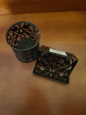 Desk Organizer Set of 2 - Business card and Pencil Cup - Black Metal Floral NEW