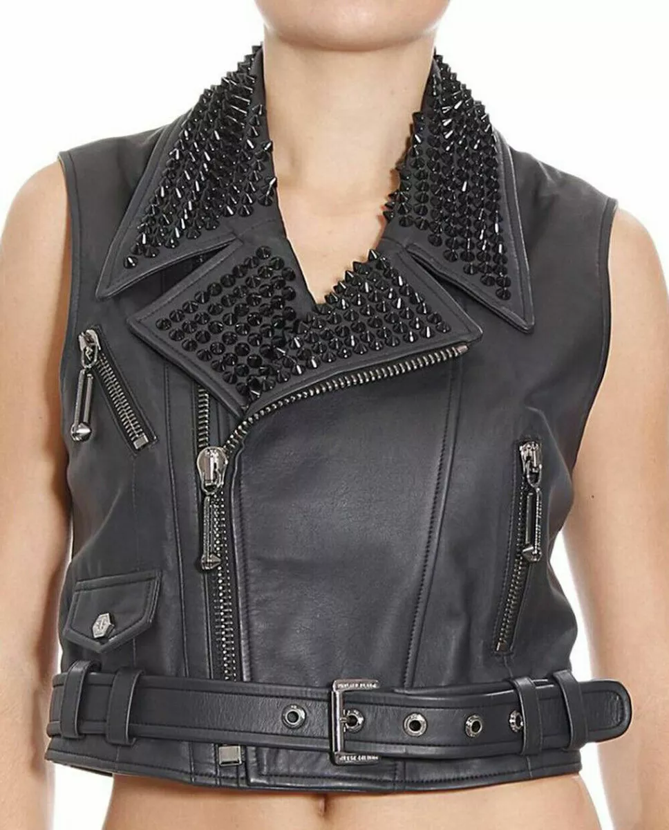Women Full Black Vest Studded Brando Punk Vintage Biker Real Leather Vest