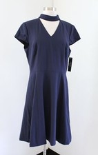 NWT Tahari ASL Levine Navy Blue Bi Stretch Choker Collar Dress Fit Flare Size 12