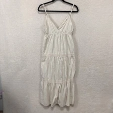 Sim & Sam Tiered Midi Dress Women M Beige Linen Blend Crochet Coastal Beach Boho