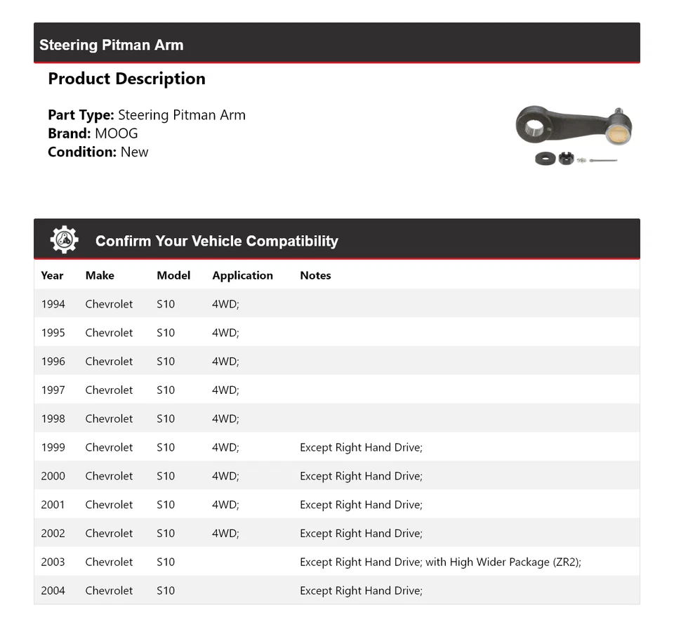 Brazo Pitman de dirección para Chevrolet S10 1994-2004 MOOG 1994 1995 1996 1997 1998 Foto 2 de 4