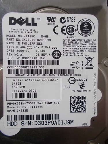 Dell 146GB 15K RPM 2.5 inch SAS K532N /0K532N Internal Hard Disk Drive MBE2147RC - Picture 2 of 2