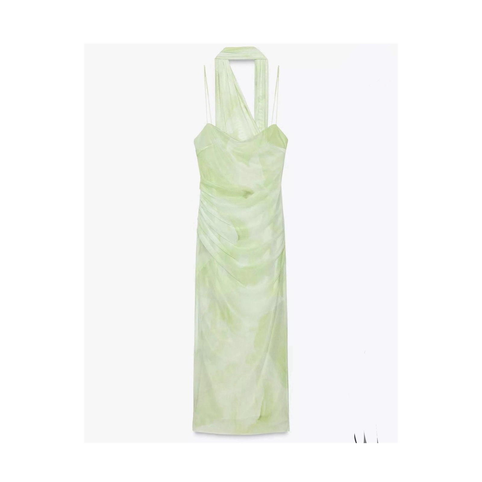 Zara Green Sheer Mesh Ruched V-Neck Maxi Dress Spaghetti Strap Size M