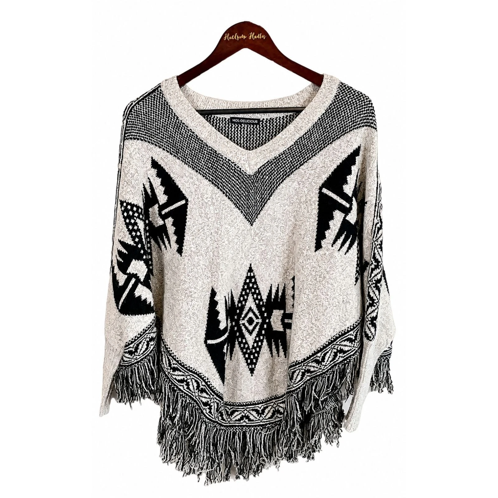Hot And Delicious Women Cream Black OS Poncho Aztec Sweater Southwestern Fringe