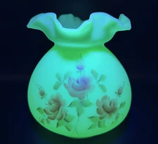 Vintage Uranium Fenton Lamp Shade Signed Hand Painted Roses 6” X 7” -  4” Fitter
