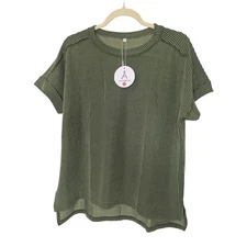 Anrabess Green Ribbed Short Sleeve Casual T Shirt Womens Size Large