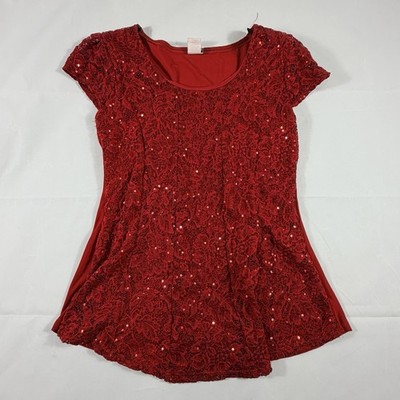 Blum Red Lace Sequin Top Medium Cap Sleeve Party Holiday Evening Blouse