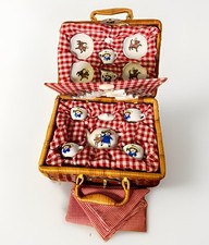 Vintage Schylling Madeline Tea Set Wicker Picnic Basket Complete Set Gingham 90s