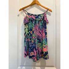 Lilly Pulitzer Girls XL 12-14 Romper Tropical Floral Cold Shoulder Pink Blue