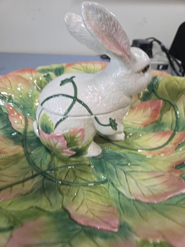 Fitz And Floyd Le Lapin Chip and Dip Colorful Leaf Motif With White Rabbit Nice - Picture 9 of 13
