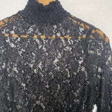 J FOR JUSTIFY Lace Sheer Blouse High Neck Romantic Long Sleeve Womens M Black