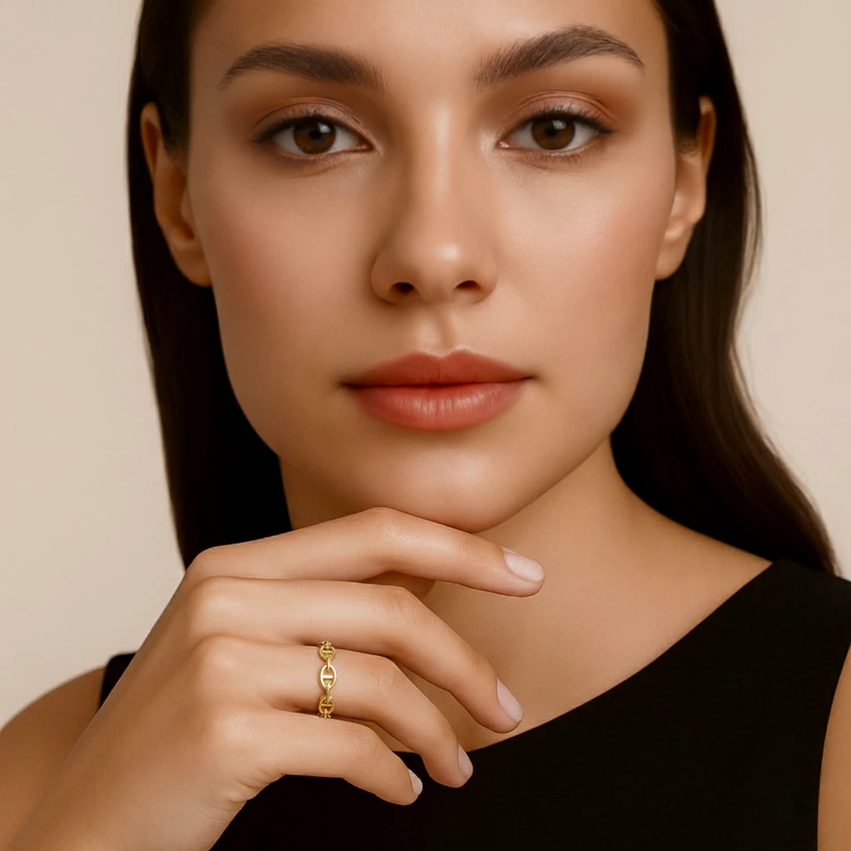 14K Real Solid Yellow Gold Dainty Mariner Link Minimalist Chain Band Ring - Image 4 of 4