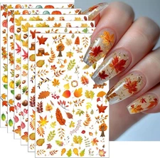 6Pcs Fall Nail Stickers for Nails Art - Cute Pumpkin Nail Decals Yellow Fallen L
