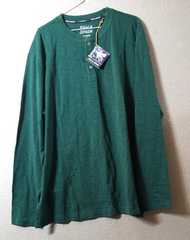 Field & Stream XL dark green long sleeve henley style shirt 100% organic cotton